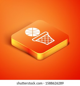 Isometric Basketball ball and basket icon isolated on orange background. Ball in basketball hoop.  Vector Illustration