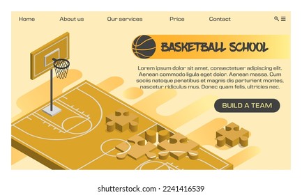 Isometric basketball court landing. Website template. Basket hoop and playground floor with puzzles. Sport school. Line ball game on arena or stadium. Vector illustration current concept