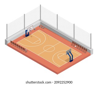 isometric basketball court with net, parquet floor and markings lines. Basketball playground top view. Sports ground for active recreation. Realistic 3d vector isolated on white back