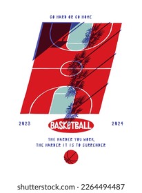 Isometric basketball court with palm-tree shade. Basketball typography silkscreen t-shirt print vector illustration.