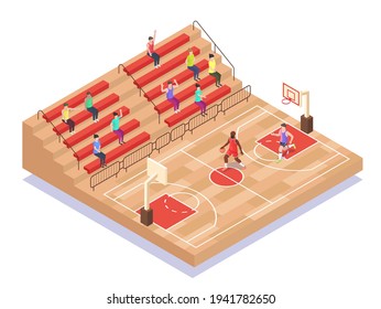 Isometric basketball court, players and fans, flat vector illustration. Basketball sport field, playground.