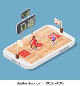 Isometric basketball court with players on smartphone screen, flat vector illustration. Online basketball game, mobile e-sport.