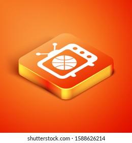 Isometric Basketball match on tv program icon isolated on orange background.  Vector Illustration