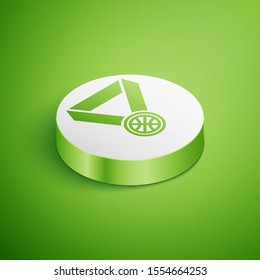 Isometric Basketball medal with ribbon icon isolated on green background. White circle button. Vector Illustration