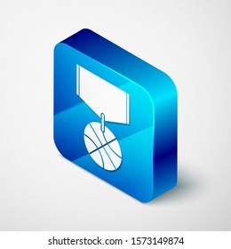 Isometric Basketball medal with ribbon icon isolated on white background. Blue square button. Vector Illustration