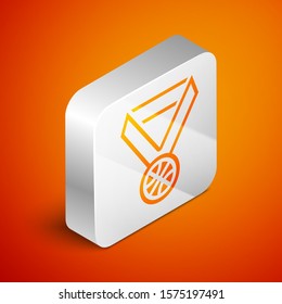 Isometric Basketball medal with ribbon icon isolated on orange background. Silver square button. Vector Illustration