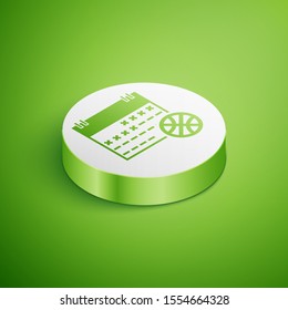 Isometric Basketball on sport calendar icon isolated on green background. White circle button. Vector Illustration