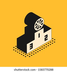 Isometric Basketball over sports winner podium icon isolated on yellow background.  Vector Illustration