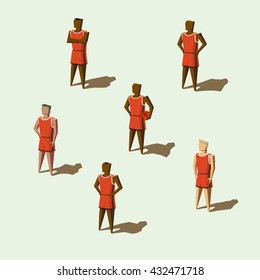 Isometric basketball team players standing isolated vector illustration. Hold ball in arms. Sport people group human resources low poly vector on white background. Flat and minimalist design.