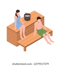 Isometric bathhouse icon with two people taking steam bath vector illustration