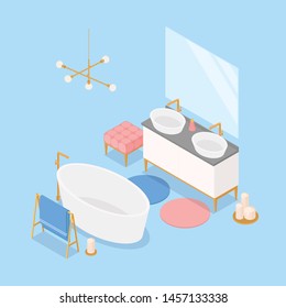 Isometric bathing room in sky blue. Vector illustration in flat design, isolated.