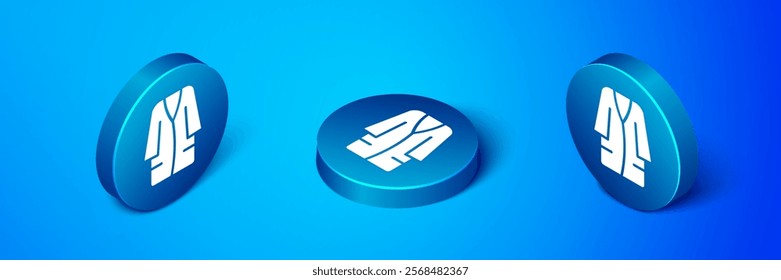Isometric Bathrobe icon isolated on blue background. Blue circle button. Vector