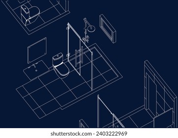 plano de línea de diseño de baño isométrico 3d ilustración blueprint vectorial