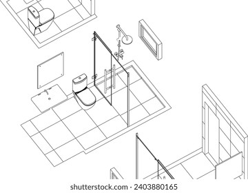 isometric bathroom design line drawing 3d illustration vector