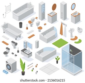 Isometric bathroom furniture, 3d toilet, washbasin, shower cabin and sink. Modern toilet and washroom accessories vector illustration set. Bathroom interior elements collection of furniture