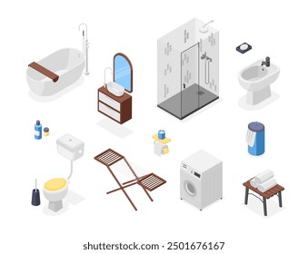 Isometric bathroom furniture. Spa center aqua zone accessories. Bath shower sink toilet. Wash machine clothes dryer table with towels, flawless vector set