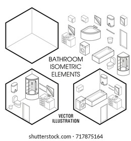 Isometric bathroom interior constructor. Vector set of isometric Furniture elements of home interior isolated on white background. Flat 3d design template.