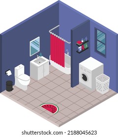 Interior isométrico de baño con lavandería 
