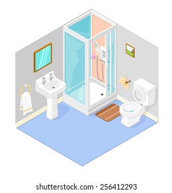 Isometric Bathroom interior with shower. Isometric Bathroom interior. Isometric Water closet. 