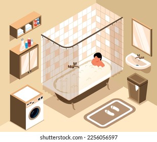 Isometric bathroom interior with washing machine mirror cabinet washbasin and person taking bath with foam 3d vector illustration