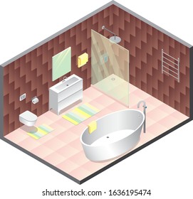 Isometric bathroom interior. White sink, white bath, white toilet.