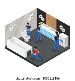 Isometric bathroom renovation concept with professional workers install toilet bowl bath and hang mirror vector illustration