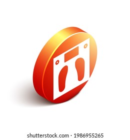 Isometric Bathroom scales icon isolated on white background. Weight measure Equipment. Weight Scale fitness sport concept. Orange circle button. Vector Illustration