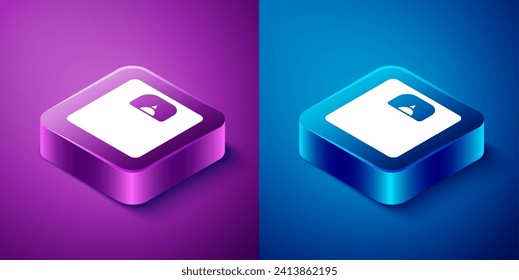 Isometric Bathroom scales icon isolated on blue and purple background. Weight measure Equipment. Weight Scale fitness sport concept. Square button. Vector Illustration