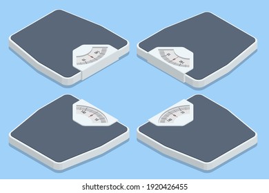 Isometric Bathroom Scales on white background, top view. Weight loss, healthy lifestyles, diet, proper nutrition.