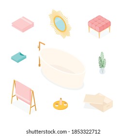 Isometric bathroom set. Vector collection. Illustration in flat design.