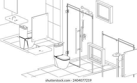 isometric bathroom toilet design line drawing 3d illustration vector