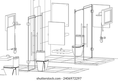 isometric bathroom toilet design line drawing 3d illustration vector