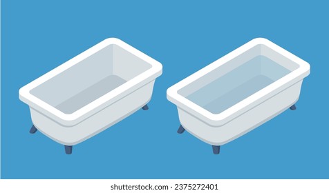 Isometrische Badewanne, leer und mit Wasser gefüllt. Vektorgrafik auf weißem Hintergrund.