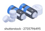 Isometric batteries. Rechargeable alkaline accumulators, powering electronic devices, power supplies for compact devices flat vector illustration set. Various batteries on white