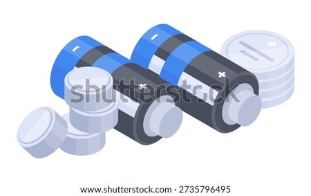 Isometric batteries. Rechargeable alkaline accumulators, powering electronic devices, power supplies for compact devices flat vector illustration set. Various batteries on white