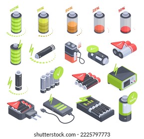 Identische Akku-, Akkumulatoren- und Ladegeräte-Indikatoren. Energiespardetektoren, niedriger Akku, Symbole für Ladestufen 3D-Vektorgrafik-Set. Elemente zur Stromaufladung