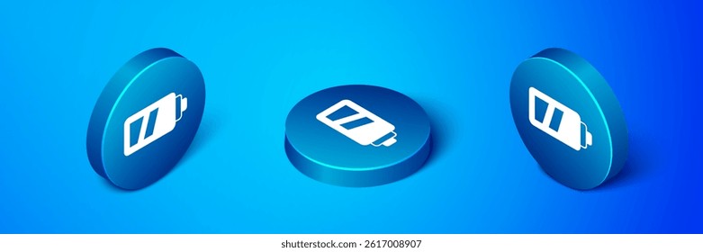 Isometric Battery for camera icon isolated on blue background. Lightning bolt symbol. Blue circle button. Vector