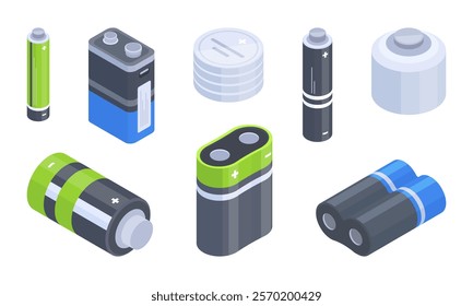 Isometric battery cell. Rechargeable alkaline accumulators, powering electronic devices, power supplies for compact devices flat vector illustration set. Various batteries on white