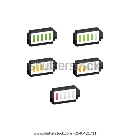 isometric battery charge icon 8 bit, pixel art energy battery icon for game logo. 