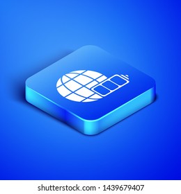 Isometric Battery charge level indicator with earth globe icon isolated on blue background. World or Earth sign. Blue square button. Vector Illustration