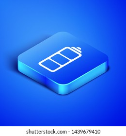 Isometric Battery charge level indicator icon isolated on blue background. Blue square button. Vector Illustration