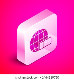 Isometric Battery charge level indicator with earth globe icon isolated on pink background. World or Earth sign. Silver square button. Vector Illustration