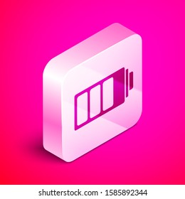 Isometric Battery charge level indicator icon isolated on pink background. Silver square button. Vector Illustration