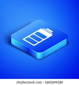 Isometric Battery charge level indicator icon isolated on blue background. Blue square button. Vector Illustration