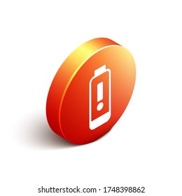 Isométrico Icono indicador del nivel de carga de la batería aislado en el fondo blanco. Botón de círculo naranja. Ilustración vectorial