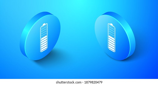 Isometrisches Symbol für Batterieladung, einzeln auf blauem Hintergrund. Batterieaufladung - Netzzeichen. Elektrisches Symbol - Energiezeichen. Blauer Kreis-Knopf. Vektorgrafik.