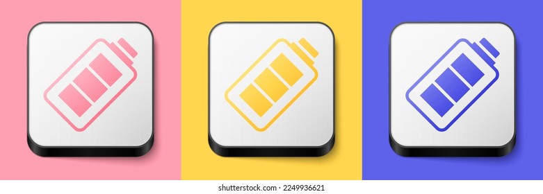 Isometric Battery charge level indicator icon isolated on pink, yellow and blue background. Square button. Vector