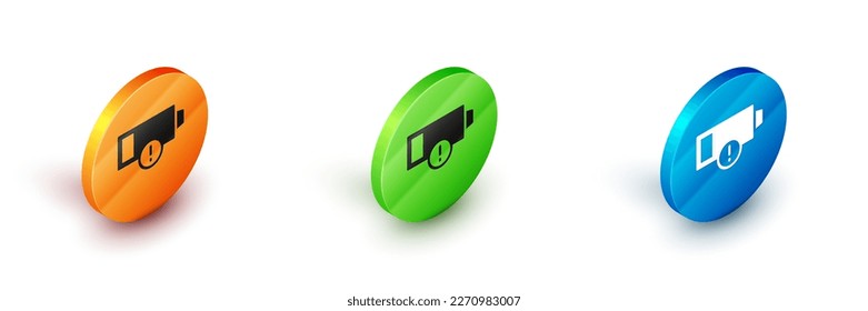 Isometrisches Symbol für Batterieladung, einzeln auf weißem Hintergrund. Circle Button. Vektorgrafik