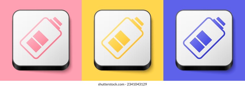 Isométrico Icono indicador del nivel de carga de la batería aislado en fondo rosa, amarillo y azul. Botón cuadrado. Vector