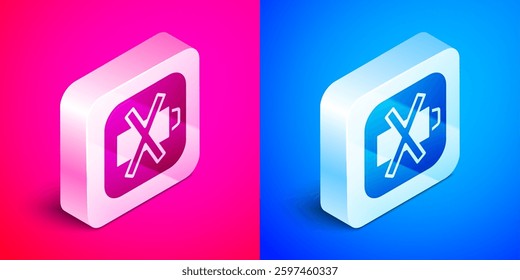 Isometric Battery charge level indicator icon isolated on pink and blue background. Silver square button. Vector
